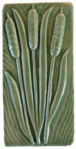 Cattails 3"x6" Ceramic Handmade Tile - Spearmint Glaze