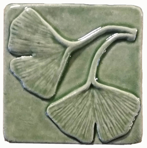 Double Ginkgo Leaf 4"x4" Ceramic Handmade Tile - Spearmint Glaze