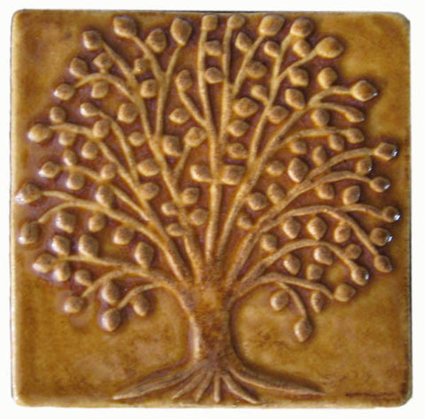 Elm Tree 4"x4" Ceramic Handmade Tile - Honey Glaze