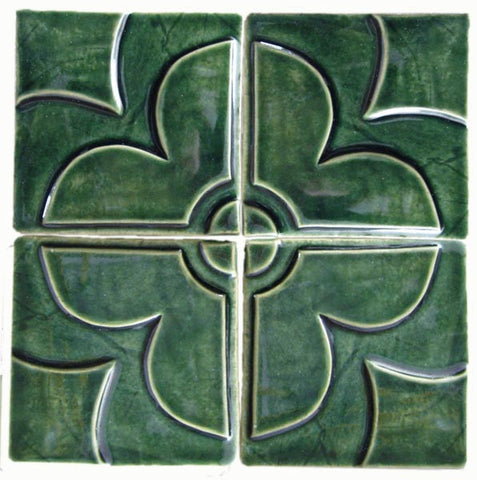 Geometric Blossom Set, Four 4"x4" Ceramic Handmade Tiles- Leaf Green Glaze