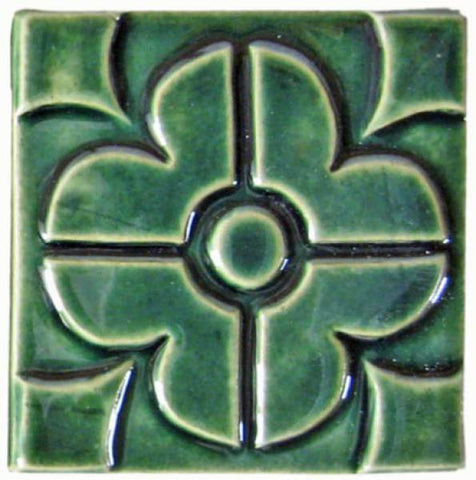 Geometric Blossom 4"x4" Ceramic Handmade Tile - Leaf Green Glaze