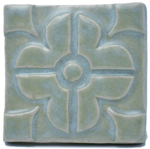 Geometric Blossom 3"x3" Ceramic Handmade Tile - Celadon Glaze
