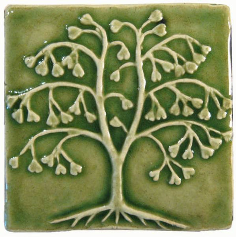 Ginkgo Tree 4"x4" Ceramic Handmade Tile - Spearmint Glaze