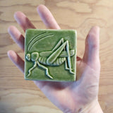 Grasshopper 3"x3" Ceramic Handmade Tile - Spearmint Glaze Size reference