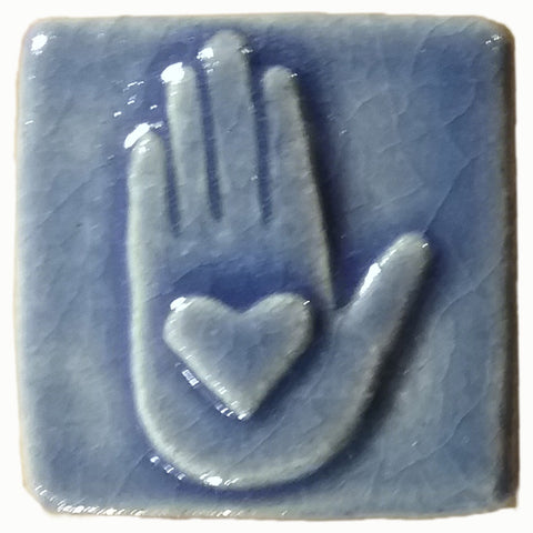 Heart in Hand 2"x2" Ceramic Handmade Tile - Watercolor Blue Glaze