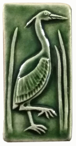 2"x4" Heron facing right Ceramic Handmade Tile - Leaf Green Glaze