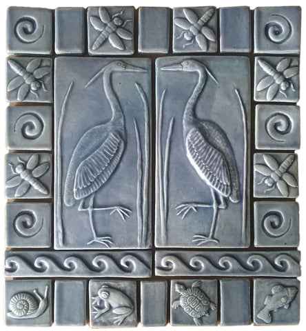 Set Of Two 4"x8" Heron Ceramic Handmade Tiles with 2" and 3" Border - Watercolor Blue Glaze