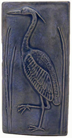 Heron 2 Facing Left 4"x8" Ceramic Handmade Tile - Watercolor Blue Glaze