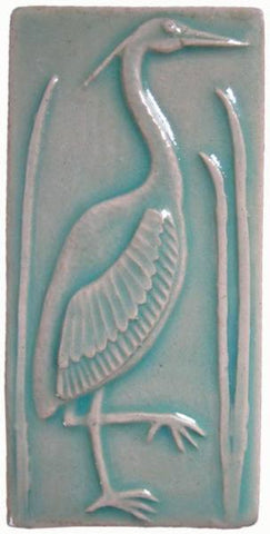 Heron 1 Facing Right 3"x6" Ceramic Handmade Tile - Pacific Blue Glaze