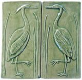 Set Of Two 4"x8" Heron Ceramic Handmade Tiles - Spearmint Glaze