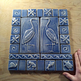 Set Of Two 4"x8" Heron Ceramic Handmade Tiles with 2" and 3" Border - Watercolor Blue Glaze size reference