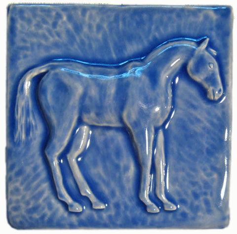 Horse 2 (facing Right) 6"x6" Ceramic Handmade Tile - Watercolor Blue Glaze