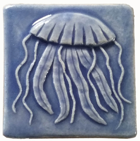jellyfish 3"x3" Ceramic Handmade Tile - watercolor blue glaze