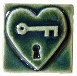 Key to my Heart 2"x2" Ceramic Handmade Tile - Leaf Green Glaze