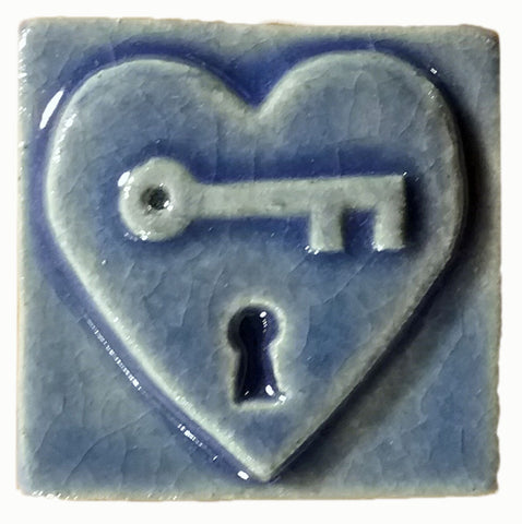 Key to my Heart 2"x2" Ceramic Handmade Tile - Watercolor Blue Glaze