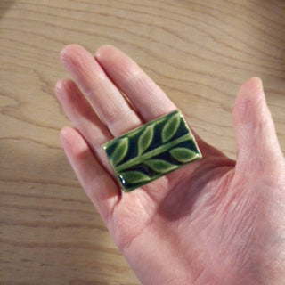 1"x2" Leaves Ceramic Handmade Tile - leaf green glaze