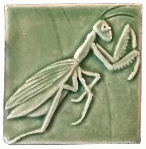 Praying Mantis 3"x3" Ceramic Handmade Tile - Spearmint Glaze
