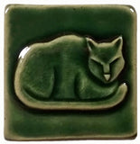 Napping Cat 2"x2" Ceramic Handmade Tile - Leaf Green Glaze