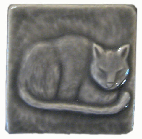 Napping Cat 3"x3" Ceramic Handmade Tile - Gray Glaze
