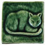 Napping Cat 3"x3" Ceramic Handmade Tile - Leaf Green Glaze