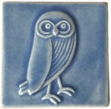 Owl facing right 4"x4" Ceramic Handmade Tile - Watercolor Blue Glaze