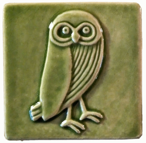 Owl facing right 4"x4" Ceramic Handmade Tile - Spearmint Glaze