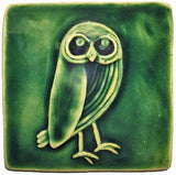 Owl facing right 4"x4" Ceramic Handmade Tile - Leaf Green Glaze
