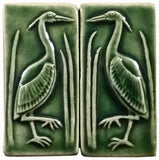Set Of Two 2"x4" Heron Ceramic Handmade Tiles - Leaf Green Glaze