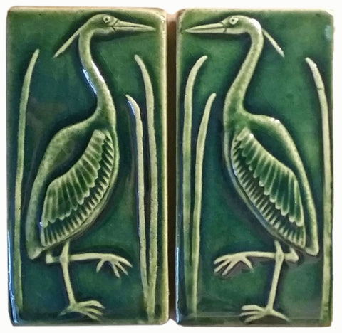 Set Of Two 3"x6" Heron Ceramic Handmade Tiles - Leaf Green Glaze