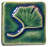Single Ginkgo 2"x2" Ceramic Handmade Tile - Leaf Green Glaze