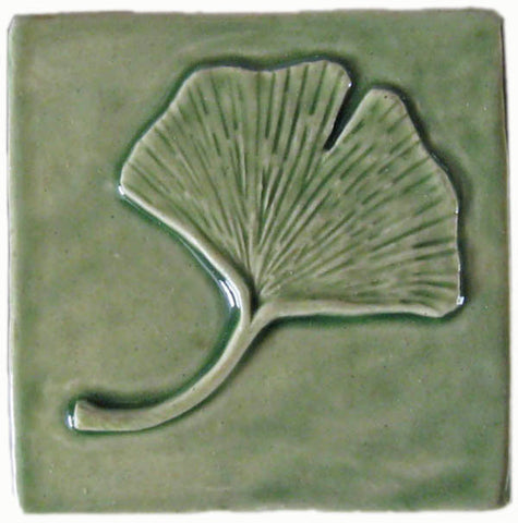 Single Ginkgo 4"x4" Ceramic Handmade Tile - Spearmint Glaze