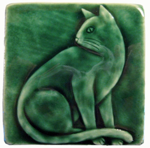 Sitting Cat 4"x4" Handmade Ceramic tile - Leaf Green Glaze