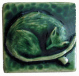 Snoozing Cat 2"x2" Ceramic Handmade Tile - Leaf Green Glaze