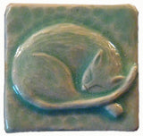 Snoozing Cat 2"x2" Ceramic Handmade Tile - Pacific Blue Glaze
