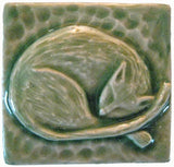 Snoozing Cat 2"x2" Ceramic Handmade Tile - Spearmint Glaze