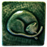 Snoozing Cat 3"x3" Ceramic Handmade Tile - Leaf Green Glaze