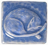 Snoozing Cat 2"x2" Ceramic Handmade Tile - Watercolor Blue Glaze