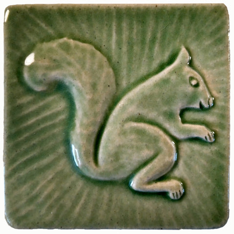Squirrel 1 Facing Right 4"x4" Ceramic Handmade Tile - Spearmint Glaze