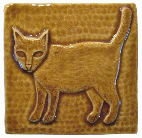 Standing Cat 4"x4" Ceramic Handmade Tile - Honey Glaze