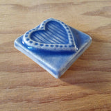 Striped Heart 2"x2" Ceramic Handmade Tile - Watercolor Blue Glaze Edge Shot
