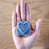Striped Heart 2"x2" Ceramic Handmade Tile - Watercolor Blue Glaze Size Reference