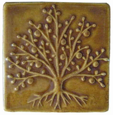 The Tree Of Life 4"x4" Ceramic Handmade Tile - Honey Glaze