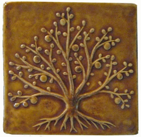 Tree Of Life 6"x6" Ceramic Handmade Tile - Honey Glaze
