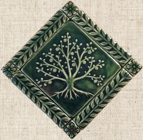 6"x6" Tree of Life Ceramic Handmade Tiles With 1" Border - Leaf Green Glaze
