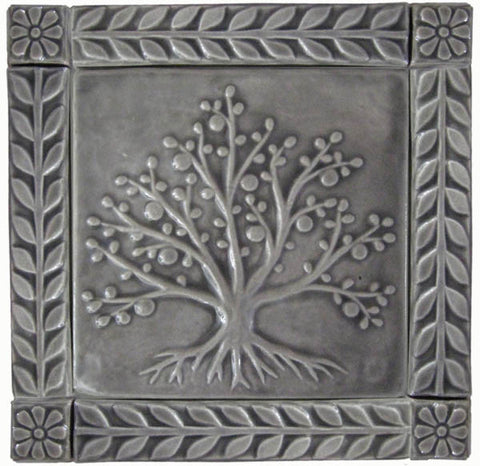 ee of Tree of Life Ceramic Handmade Tiles With 1" Border -Gray Glaze