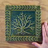 6"x6" Tree of Life Ceramic Handmade Tiles With 1" Border - leaf green glaze size reference