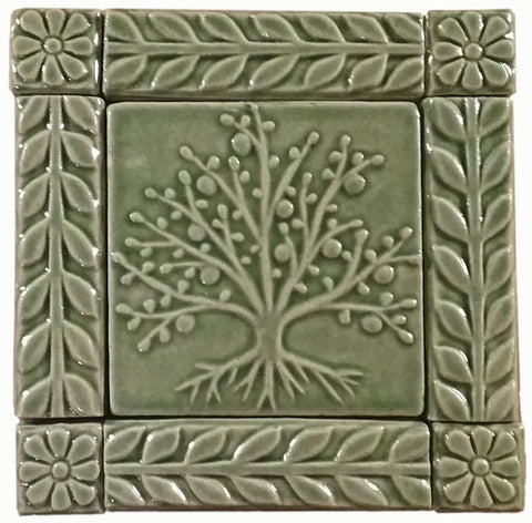 4"x4" Tree of Life Ceramic Handmade Tiles With 1" Border - Spearmint Glaze
