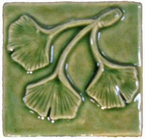 Triple Ginkgo Leaf 3"x3" Ceramic Handmade Tile - Spearmint Glaze